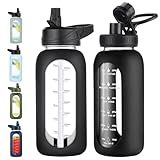 EALGRO 32 oz Glass Water Bottle with Straw and Handle, Sports Motivational Water Flask with Silicone...