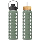 MUKOKO 32oz Glass Water Bottles with 2 Lids-Handle Spout Lid&Bamboo Straw Lid, Motivational Water...