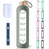 PROBTTL 32 Oz Borosilicate Glass Water Bottle with Time Marker Reminder Quotes, 1 Liter Leak Proof...